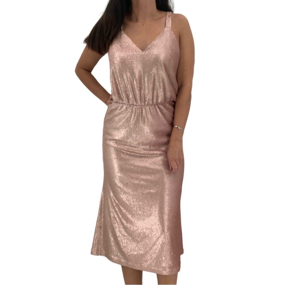 DRESS THE POPULATION Dress Size M Blush Pink Sequin Midi Date Night Out NEW